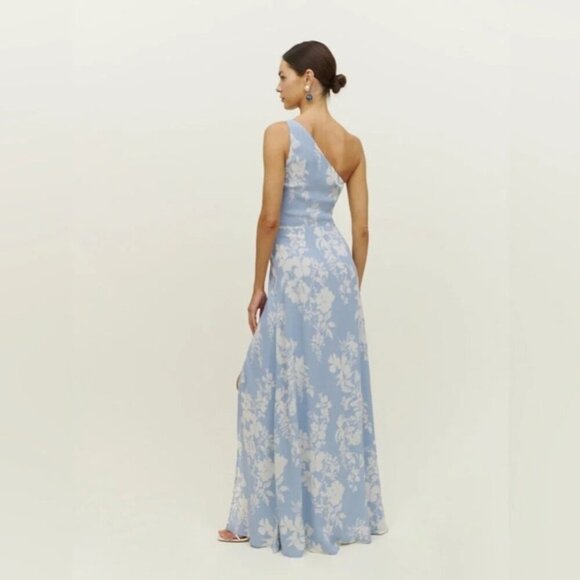 NEW Reformation Evelyn Maxi Dress One Shoulder Side Slit Aliso Blue Floral  sz 2 - Picture 4 of 15